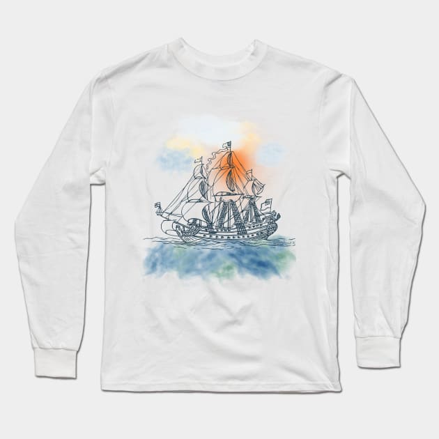 Sailing Ship with Orange Sun Long Sleeve T-Shirt by Lighttera